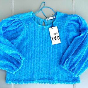 NWT! ZARA Light Blue 3D Rosette Blouson Puff Sleeve Cropped Sheer Blouse
Small